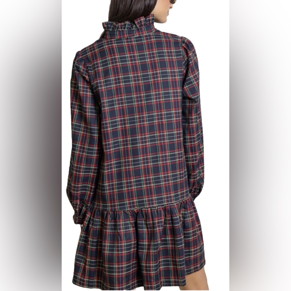 Highland Tartan Plaid Ruffle High Collar Dress Sz Large POCKETS Puff Sleeves - Picture 2 of 5
